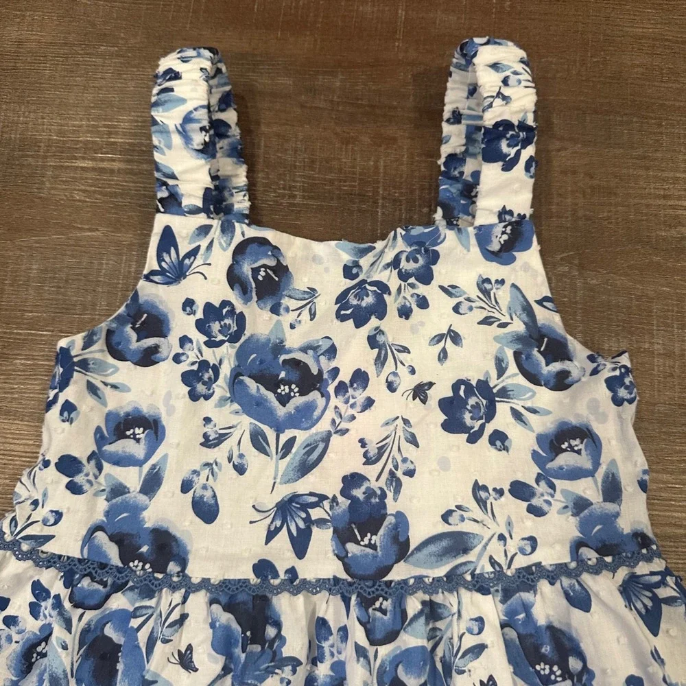 Isaac Mizrahi Girls Blue Floral Swiss Dot Tiered Maxi Dress Size 7 Smocked Back